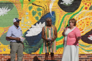 Red Springs Arts Council Member Maggy Klingner Morley speaking about the mural in Red Springs, NC dedicated to missing and murdered Indigenous women.